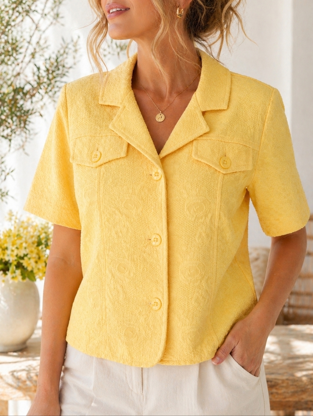 Yellow Jacquard Jacket Sz 16 Cropped Blazer Floral Textured Summer Anthro-Style